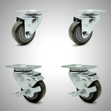 Service Caster 3 Inch SS Gray Polyurethane Swivel Top Plate Caster Set with 2 Brakes SCC SCC-SS20S314-PPUB-2-TLB-2